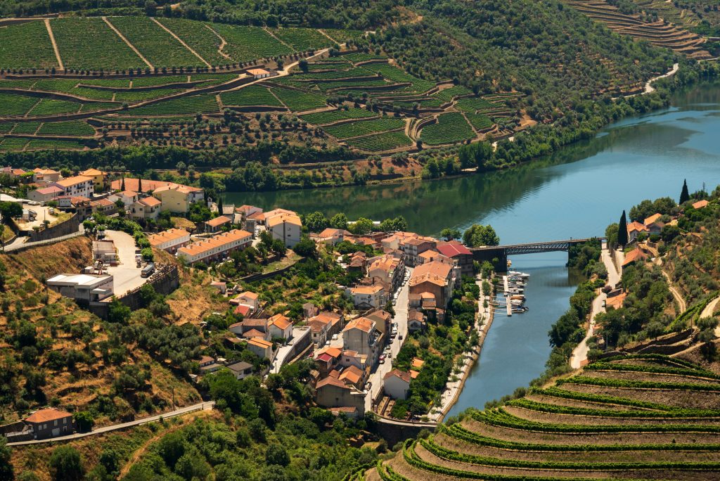 scenic view of the beautiful pinhão village surounded by vineyards in the beautiful douro river valley, vila real district, viseu district, portugal