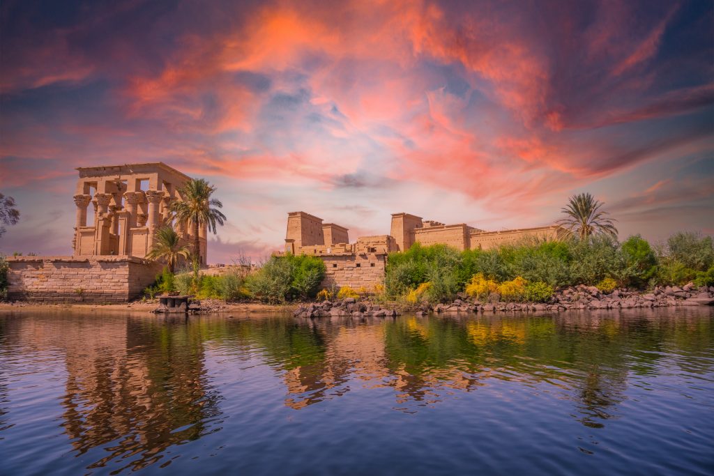 incredible orange sunrise at the temple of philae, a greco roman